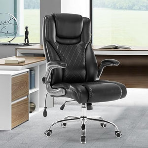 Seevoo Executive Office Chair - High Back Swivel Computer Chair with Adjustable Lumbar Support and Flip-Up Arms, PU Leather (Black)