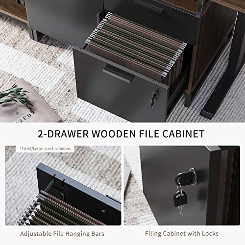 FEZIBO L Shaped Standing Desk with File Cabinet, Electric Height Adjustable, Modern Wood Computer Desk - Black Frame/Dark Walnut Top