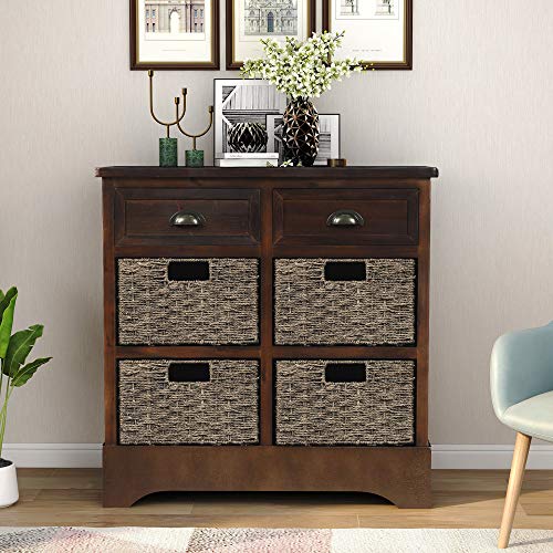 TREXM Rustic Storage Cabinet with Two Drawers and Four Classic Fabric Basket for Kitchen/Dining Room/Entryway/Living Room, Accent Furniture (Espresso)