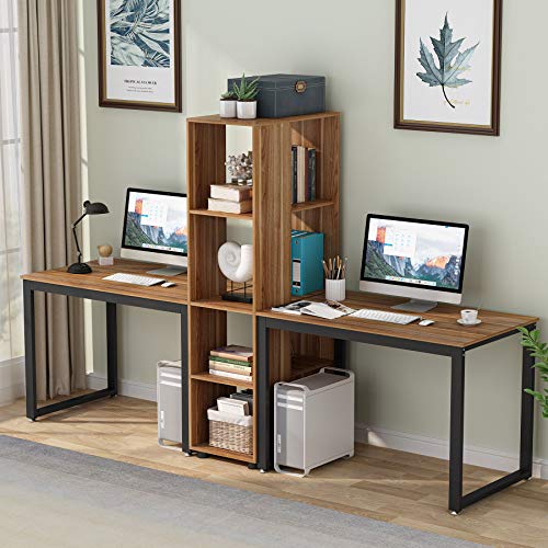 Tribesigns Double Computer Desk with Bookshelf, 91.7 Inches Extra Long Two Person Desk with Storage Shelves, Writing Desk Workstation for Home Office (Brown)