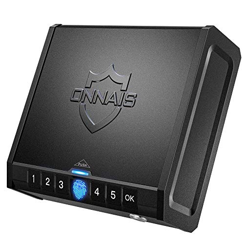 ONNAIS Gun Safe - Biometric Gun Safe for Pistols, Quick-Access Handgun Safe Gun Lock Box Firearm Safety Device with Fingerprint Lock, Keypad and Keys, Pistol Safe for Home Bedside Nightstand Car