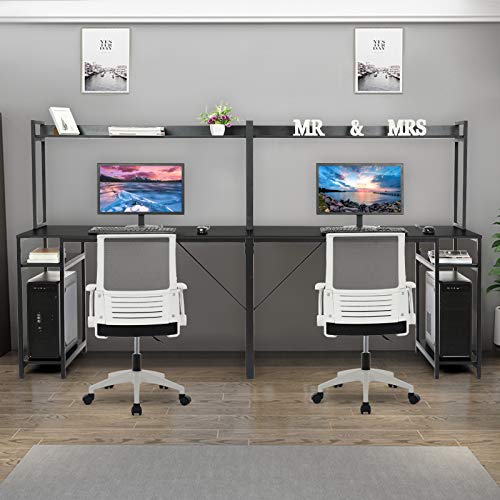 2 Person Desk, Double Computer Storage Shelves, Extra Long 2 People Pc Workstation Home Office Computer Desk with Monitor Hutch, Writing Study Gaming Table, Easy Assembly (Black)