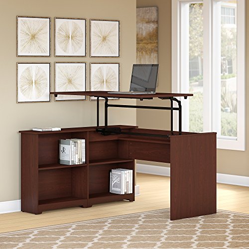 Bush Furniture Cabot 52W 3 Position Sit to Stand Corner Bookshelf Desk in Harvest Cherry