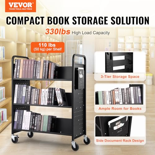 VEVOR Rolling Book Cart, 330 lbs Library Cart, Double Sided W-Shaped Sloped Shelves, 4-Inch Lockable Wheels - Black