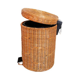 Nordic Creative Natural Rattan Trash Can Slow Down Silent Pedal Garbage Bin with Lid Fashion Country Style Wastebasket (Color : Yellow, Size : 12L)