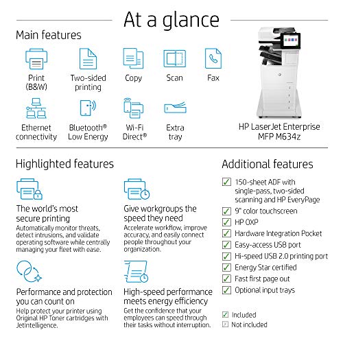 HP LaserJet Enterprise MFP M634z Monochrome Multifunction Duplex Printer with Extra Paper Trays and 3-bin Stapler/Stacker (7PS96A)