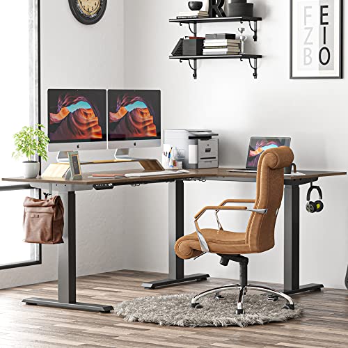 FEZIBO Triple Motor L-Shaped Electric Standing Desk, 63 Inches Height Adjustable, Black Frame/Black Walnut Top