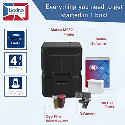 Matica MC320 Direct-to-Card Dual Sided ID Card Printer & Complete Supplies Package with Bodno Bronze Edition ID Software