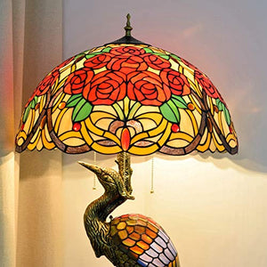 Xihe Tiffany Antique Table Lamp 20" Male Bird Desk Lamp with Colored Roses Glass Lampshade