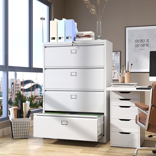 VIYET Lateral File Cabinet with Lock, 4 Drawer Metal Filing Cabinet - White