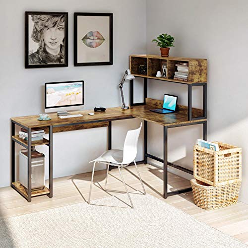VIPEK L-Shaped Desk with Hutch, 69" Large Computer Desk Gaming Table PC Table Workstation Study Writing Table with Storage Bookshelf, Space Saving Corner Desk for Home Office, Antique Oak