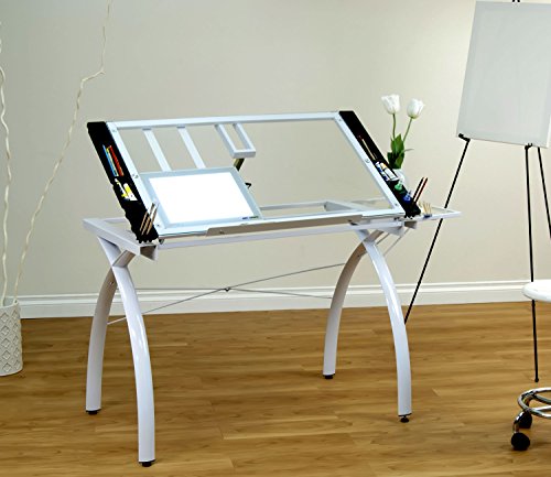 Offex Home Futura Craft Station with Folding Shelf White/Clear Glass