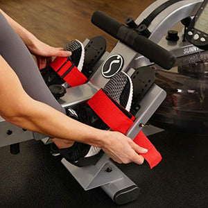 Sunny Health & Fitness Water Rowing Machine Rower w/ LCD Monitor, 265 Max Weight, Adjustable Footpads and Foldable 48" Aluminum Slide Rail - SF-RW5866, Gray