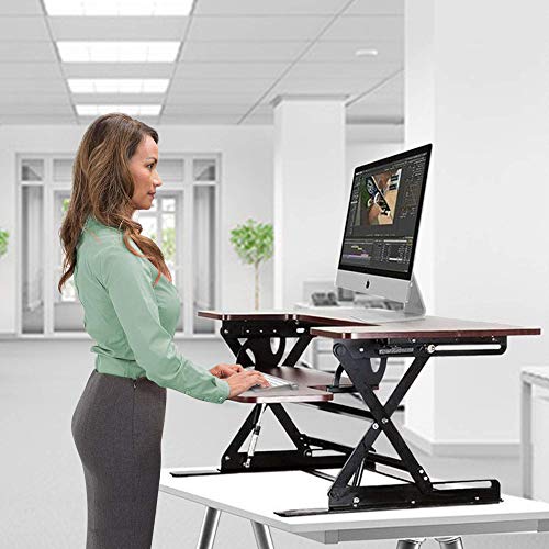 Halter Height Adjustable Pre-Assembled Standing Desk Converter, Elevating Desktop Riser, Standing Desk for Sit or Stand Computer Workstations, 36 Inches; Cherry