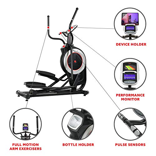 Sunny Health & Fitness Electric Eliptical Trainer Elliptical Machine w/Devicec Holder, Programmable Monitor and Heart Rate Monitoring, 300 LB Max Weight and 20"" Stride - SF-E3875, Black