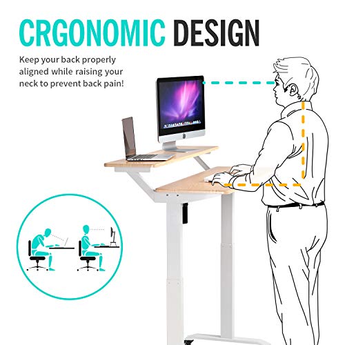 UNICOO - 2 Tier Electric Height Adjustable Standing Desk, Electric Standing Workstation Home Office Sit Stand Up Desk (Light Oak Top/White Legs - Electric- 2 Tier)