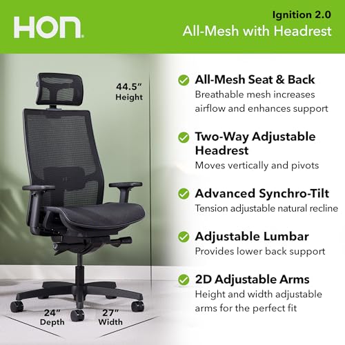 HON Ignition 2.0 Ergonomic Mesh Office Chair with Headrest - High Back, Adjustable Lumbar Support, Armrests, Synchro-Tilt Recline - Black