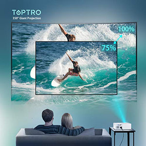 TOPTRO Bluetooth Projector, Native 1080P and 350” Display, 8500L Video Projector, Support 4K, Zoom & ±50°4D Keystone Correction, Home Theater Projector Compatible with Phone/TV Stick/PC/USB/PS4/DVD