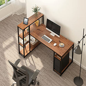 YITAHOME Computer Desk with 7 Storage Shelves, Writing Table Workstation with Bookshelf Hutch, L-Shape Study Work Desk with 55 inch Desktop for Home Office, Teak