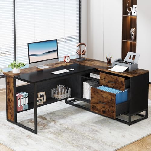 Tribesigns 63" L-Shaped Executive Desk with Drawers and Shelves, Rustic Business Furniture, Brown & Black