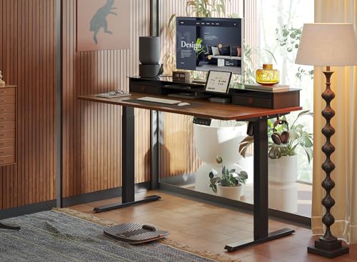 FEZIBO Height Adjustable Glass Electric Standing Desk with Double Drawer, Storage Shelf - 48 x 24 Inch, Black Walnut