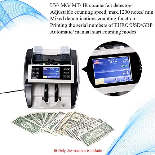 Aibecy Bill Counter Multi-Currency Cash Banknote Money Bill Automatic Counter Counting Machine with UV MG MT IR Counterfeit Detector Supports Mixed Value Counting Function for EURO/USD/GBP/AUD/JPY/KRW