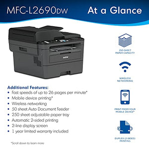 Brother MFC-L2690DW Compact Monochrome All-in-One Laser Printer - Print Copy Scan Fax - Wirless Connectivity - Mobile Printing - Auto 2-Sided Printing - ADF - Up to 26 Pages/Min + iCarp Printer Cable