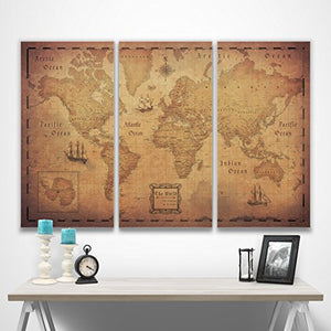 Conquest Maps Map with Pins - World Travel Map Golden Aged Style Push Pin Travel Map Cork Board, Track Your Travels Pinable Canvas Map with Cork Backing, Internal Framed (54 x 36 Inches (3 Panel))