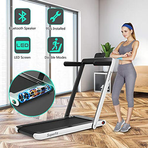 GYMAX 2 in 1 Folding Treadmill, Under Desk Walking Running Machine with Bluetooth Speaker, LED Monitor & Smart App Control, Electric Treadmill for Home Gym (Pearl)