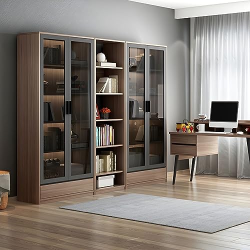 KWOKING Modern Wooden Bookcase with Glass Doors - Closed Storage Bookshelf 79" Natural