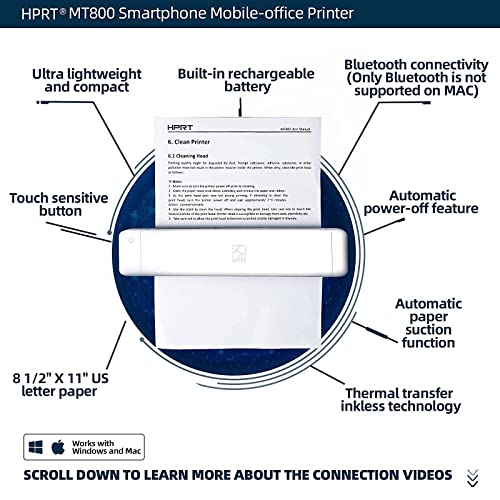 Thermal Printer HPRT - MT800Q Portable Mini Printer, Wireless Printer for iPhone and Computer, The Best Small Printer Support 216mm Width A4 Paper, Home Use, Office, Travel and Mobile Printer