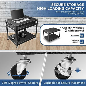 Auto Dynasty Universal Adjustable-Height AV Rolling Storage Cart with Power Strip, 3 Outlets, 35"x24-42"x25", Black