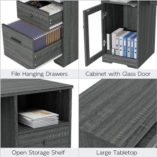 IdeaKey L Shaped Desk with File Cabinet and Storage Drawers, Power Outlets, Executive Office Desk, Retro Grey, 60 Inch