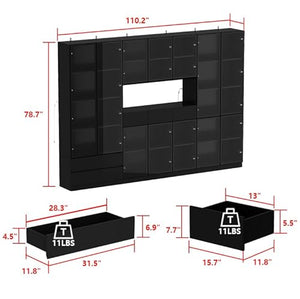 Hitow Tall Bookcase Bookshelf with Glass Doors and Lights, Large Display Shelf Organizer Set with Hutch, Library Bookshelf - Black (110.2" W)