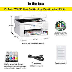 Epson EcoTank ET-3760 Wireless Color All-in-One Cartridge-Free Supertank Printer with Scanner, Copier and Ethernet, Regular (Renewed)