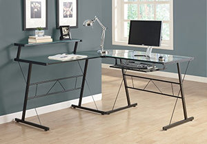 Monarch Specialties Computer Desk L-Shaped Corner Workstation Tempered Glass Top with Shelf Keyboard Trey-Metal Legs, 57" L, Black Frame