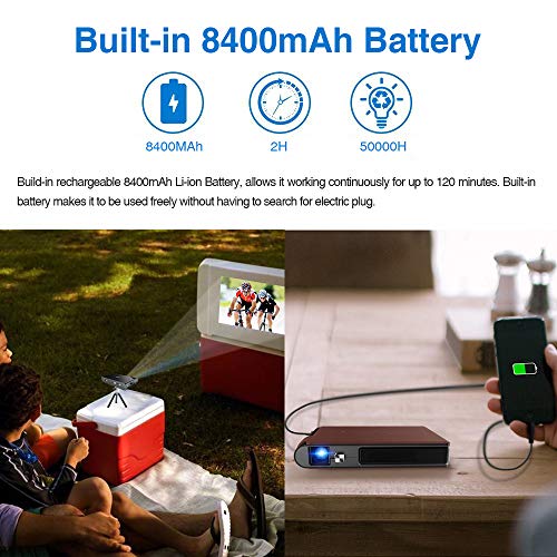 Mini DLP Wireless Pico Projector, 3D Portable WiFi Projector with Rechargeable Battery Auto Keystone/HDMI/USB, Compatible with iPhone, Android, Laptop for Home Theater, Outdoor Movies