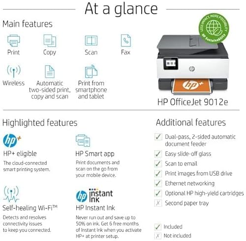 HP OfficeJet 9012e All-in-One Wireless Color Inkjet Printer, 2-Sided Printing, Scanning, 35 Sheets ADF, WiFi USB Bluetooth, 4800 x 1200 dpi - Black White