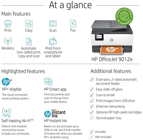HP OfficeJet 9012e All-in-One Wireless Color Inkjet Printer, 2-Sided Printing Coping and Scaning, 35 Sheets ADF, WiFi USB Bluetooth Connectivity, 4800 x 1200 dpi, Black White, W/Silmarils Cable