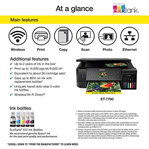 Epson Expression Premium ET-7700 EcoTank Wireless 5-Color All-in-One Supertank Printer with Scanner, Copier and Ethernet
