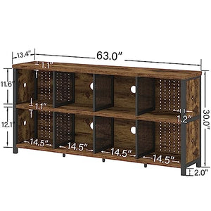 LVB Rustic Horizontal Bookshelf, Industrial Cube Storage Organizer, 63" - Rustic Brown