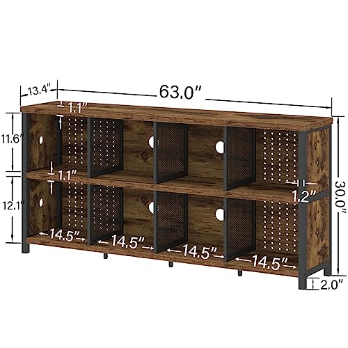 LVB Rustic Horizontal Bookshelf, Industrial Cube Storage Organizer, 63" - Rustic Brown