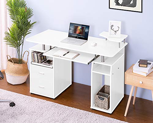 Takefuns Home Office Computer Desk with Pull-Out Keyboard Tray and Drawers,Wood Study Writing Desk,Large Home Workstation with Bookcase-White