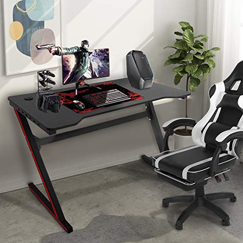 Gaming Desk, 47.2 Inch PC Computer Desk with LED Light - Weight Capacity 330 LBS, Black Gaming Workstation, Home Office Desk, Z-Shaped Gamer Workstation, Best Gift for Men Boyfriend Female (US Stock)