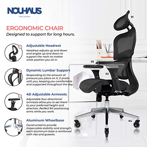 NOUHAUS Ergo3D Ergonomic Office Chair - Rolling Desk Chair with 3D Adjustable Armrest, 3D Lumbar Support and Blade Wheels - Mesh Computer Chair, Gaming Chairs, Executive Swivel Chair (Black)