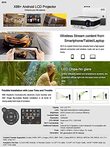 Wireless Bluetooth HDMI Projector 1080P Home Theater 2019 Smart Android 6.0 LCD LED Multimedia Video Projectors 4600 Lumen Outdoor WiFi Proyector for PC Laptop USB Driver TV Stick PS4 Wii Xbox