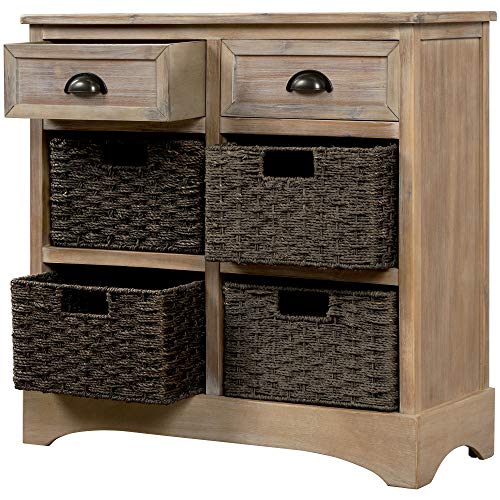 TREXM Rustic Storage Cabinet with Two Drawers and Four Classic Fabric Basket for Kitchen/Dining Room/Entryway/Living Room, Accent Furniture (White Washed)