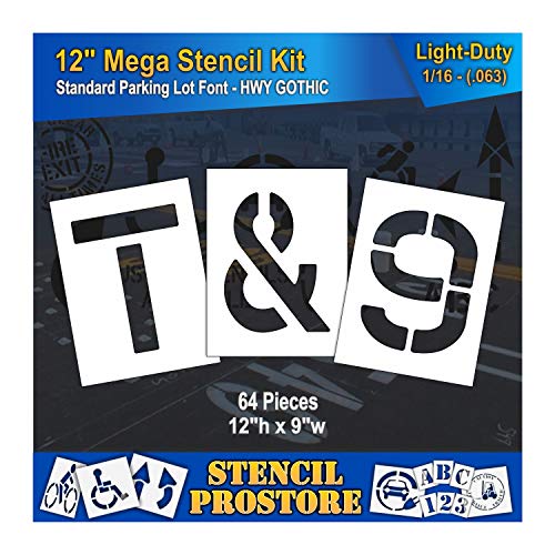 Pavement Stencils -12 inch MEGA Alpha/NUM Set - (64 Piece) - 12" x 9" x 1/16" (63 mil) - Light-Duty