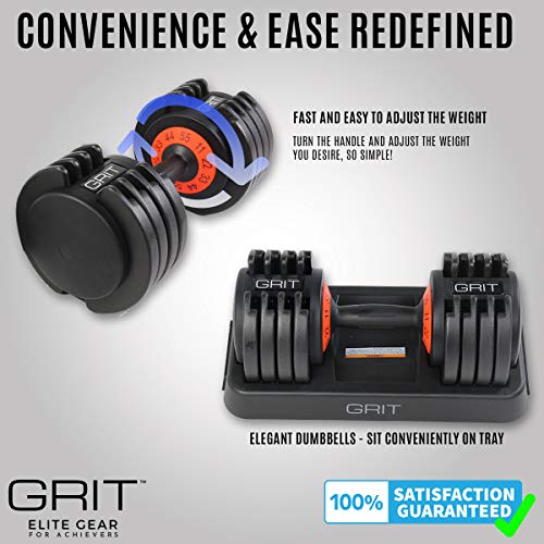GRIT Adjustable Dumbbells Set - 11 to 55 Lbs Fast Adjusting Dial Weights - Workout Exercise, Strength Training and Core Fitness at Home or Gym for Men and Women - Easy Removable Plates, Tray 2 Pack