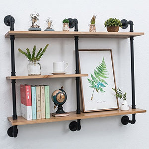 Industrial Pipe Shelf with Wood 43.3in,Rustic Wall Mount Shelf 3-Tiers,Metal Hung Bracket Bookshelf,Diy Storage Shelving Floating Shelves